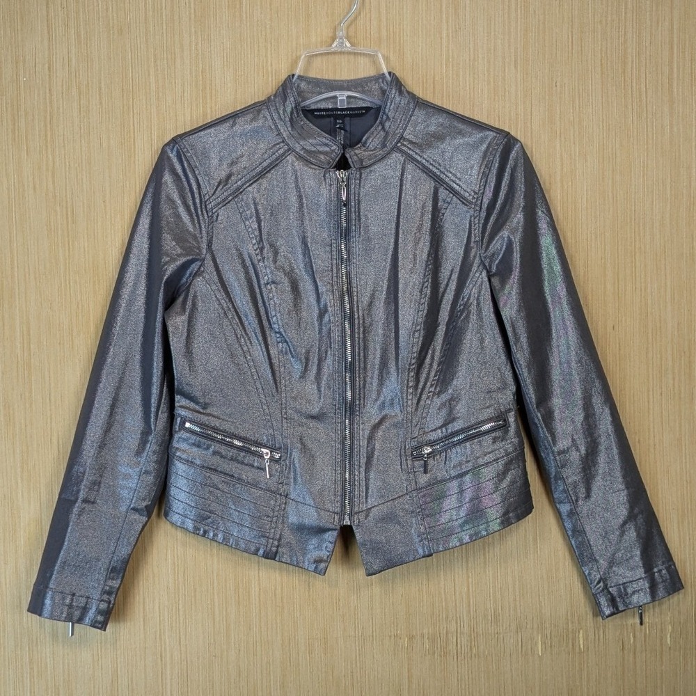 White House Black Market Silver Metallic Moto Coated Jacket 10P Petite Fitted